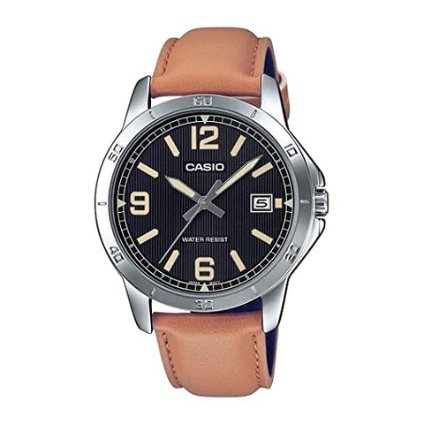 Casio MTP - V004L - 1B2 Men's Stainless Steel Brown Leather Band Black Dial Date Watch - Zamana.pk