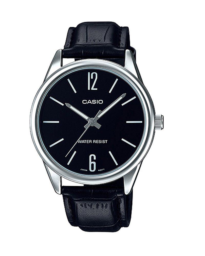 Casio MTP - V005L - 1BUDF Men's Standard Analog Black Leather Band Black Dial Watch - Zamana.pk