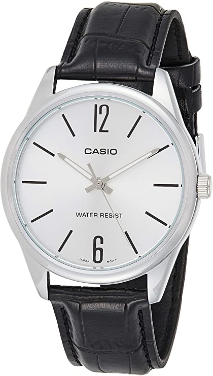 Casio MTP - V005L - 7B Men's Standard Analog Black Leather Band Silver Dial Watch - Zamana.pk