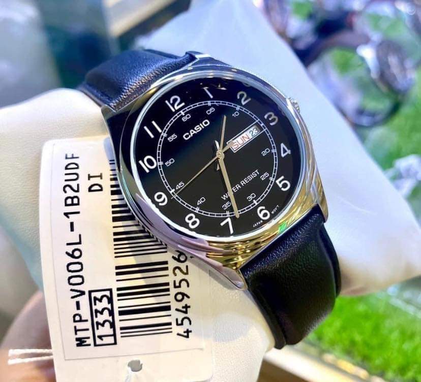 Casio MTP - V006L - 1B2UDF Men's Black Leather Band Black Numbers Analog Dress Watch - Zamana.pk