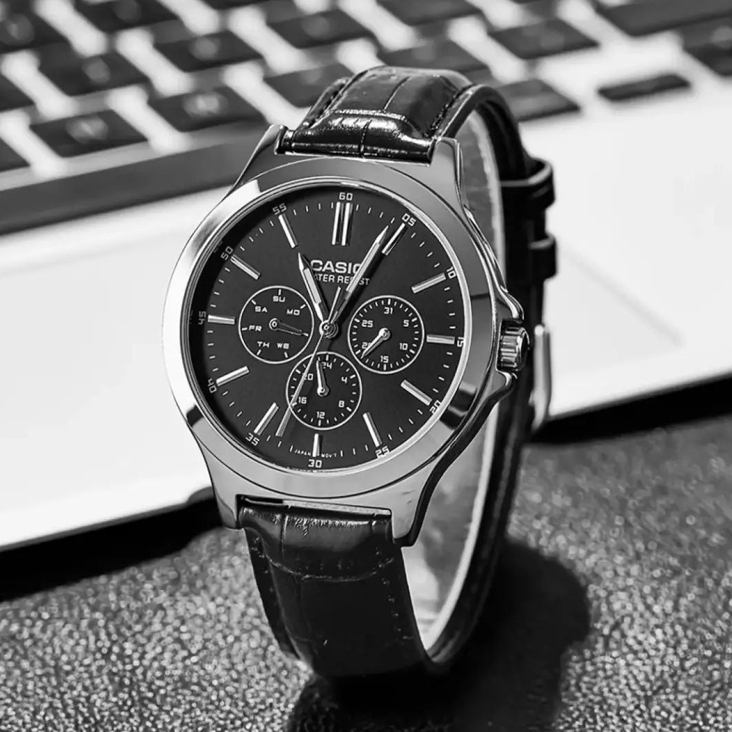 Casio MTP - V300L - 1AUDF Multi - Dial Black Leather Men's Watch - Zamana.pk Main image