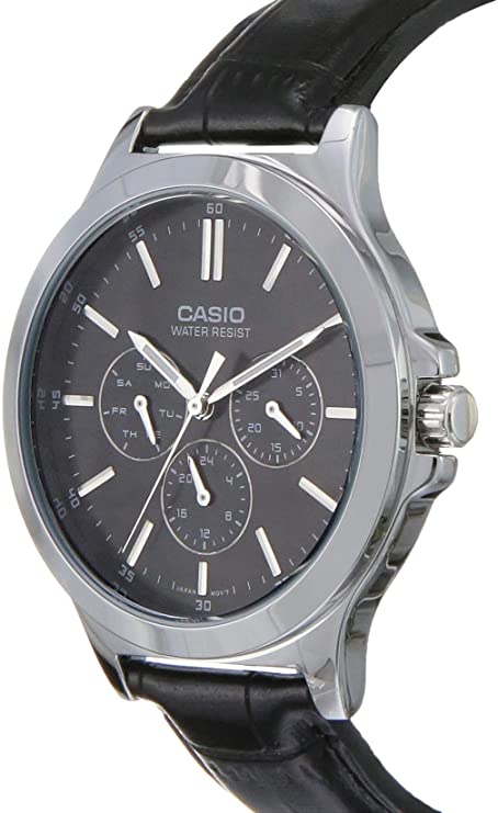 Casio MTP - V300L - 1AUDF Multi - Dial Black Leather Men's Watch - Zamana.pk