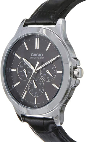 Casio MTP - V300L - 1AUDF Multi - Dial Black Leather Men's Watch - Zamana.pk
