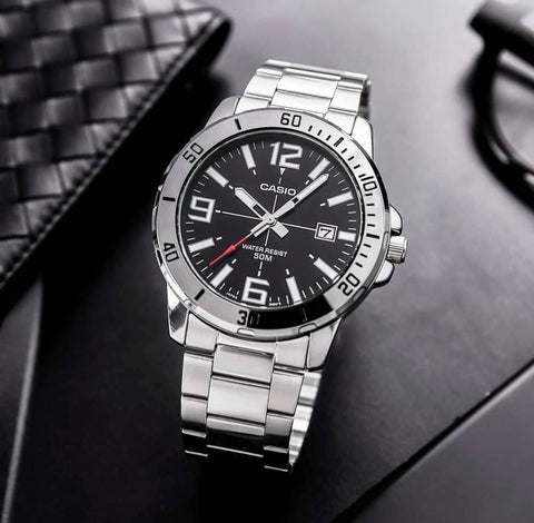 Casio MTP - VD01D - 1BV Men's Enticer Stainless Steel Black Dial Casual Analog Sporty Watch - Zamana.pk