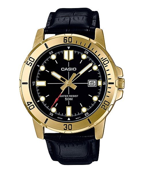 Casio MTP - VD01GL - 1EVUDF Men's Enticer Gold Tone Leather Band Black Dial Casual Analog Sporty Watch - Zamana.pk