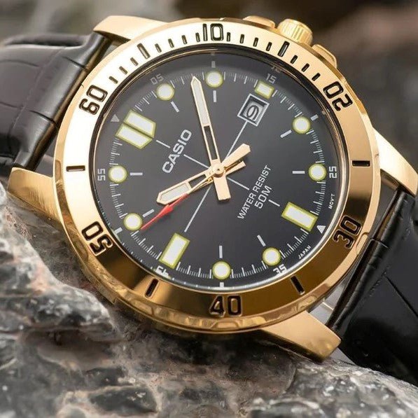 Casio MTP - VD01GL - 1EVUDF Men's Enticer Gold Tone Leather Band Black Dial Casual Analog Sporty Watch - Zamana.pk