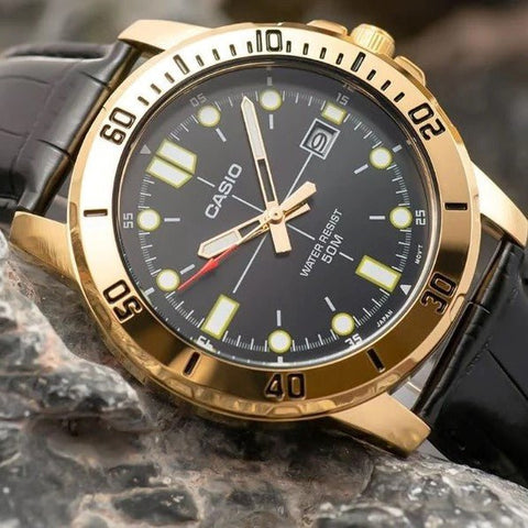Casio MTP - VD01GL - 1EVUDF Men's Enticer Gold Tone Leather Band Black Dial Casual Analog Sporty Watch - Zamana.pk