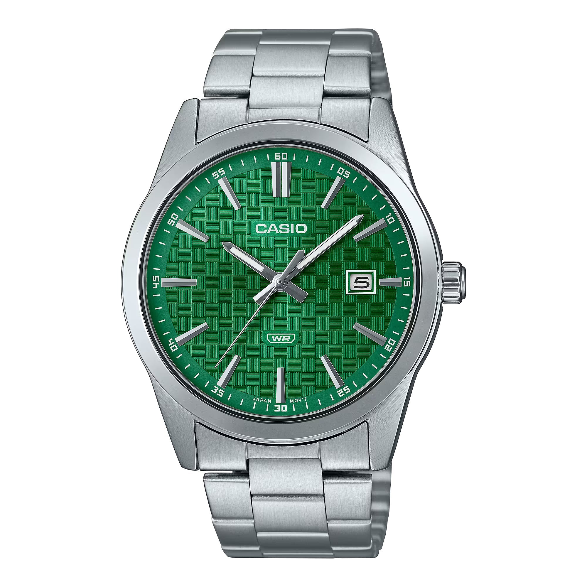 Casio MTP - VD03D - 3A1 Silver Stainless Steel Case Green Dial Silver Stainless Steel Bracelet Watch - Zamana.pk Main image