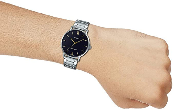 Casio MTP - VT01D - 1BUDF Men's Stainless Steel Minimalistic Black Dial 3 - Hand Analog Watch - Zamana.pk