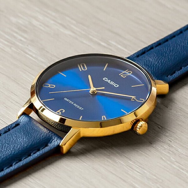 Casio MTP - VT01GL - 2B2UDF Men's Gold Tone Blue Leather Band Blue Dial 3 - Hand Analog Watch - Zamana.pk