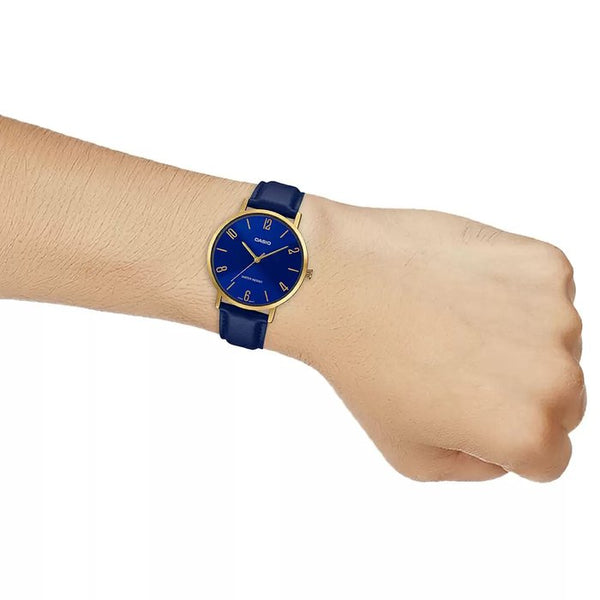 Casio MTP - VT01GL - 2B2UDF Men's Gold Tone Blue Leather Band Blue Dial 3 - Hand Analog Watch - Zamana.pk