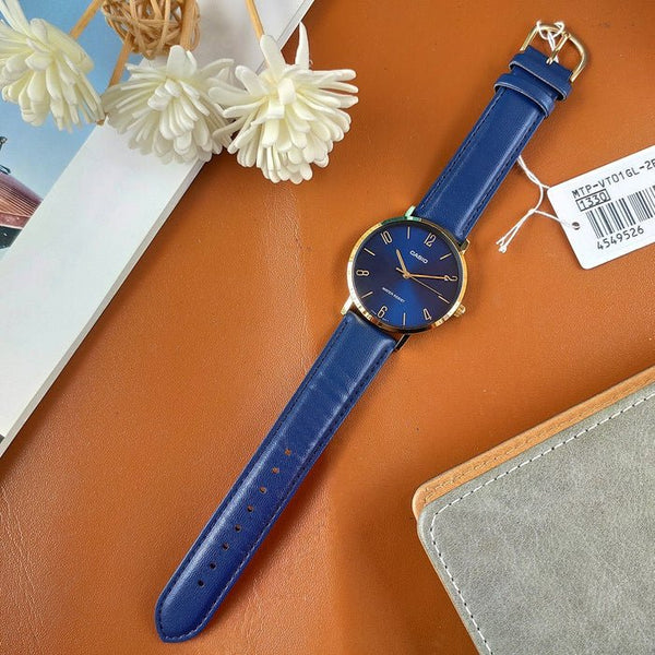 Casio MTP - VT01GL - 2B2UDF Men's Gold Tone Blue Leather Band Blue Dial 3 - Hand Analog Watch - Zamana.pk