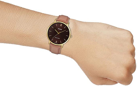 Casio MTP - VT01GL - 5BUDF Men's Gold Tone Brown Leather Band Analog Watch - Zamana.pk