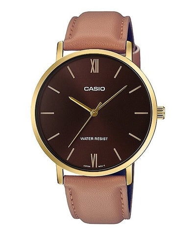 Casio MTP - VT01GL - 5BUDF Men's Gold Tone Brown Leather Band Analog Watch - Zamana.pk
