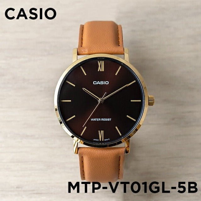 Casio MTP - VT01GL - 5BUDF Men's Gold Tone Brown Leather Band Analog Watch - Zamana.pk Main image