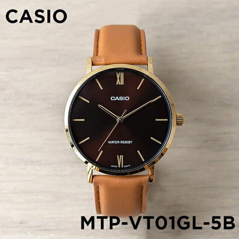 Casio MTP - VT01GL - 5BUDF Men's Gold Tone Brown Leather Band Analog Watch - Zamana.pk