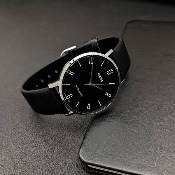 Casio - MTP - VT01L - 1B2UDF Men's Minimalistic Black Dial Black Leather Band Analog Watch - Zamana.pk