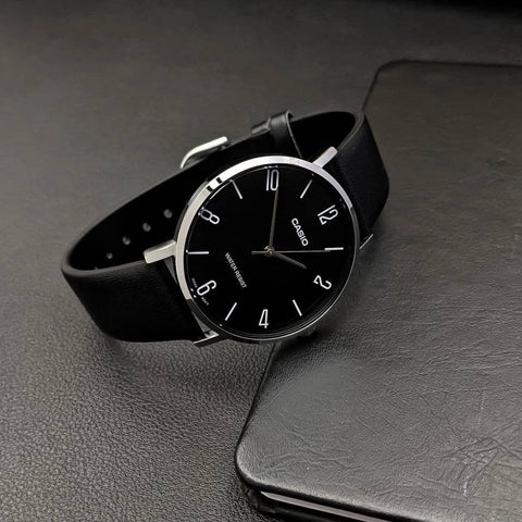 Casio - MTP - VT01L - 1B2UDF Men's Minimalistic Black Dial Black Leather Band Analog Watch - Zamana.pk