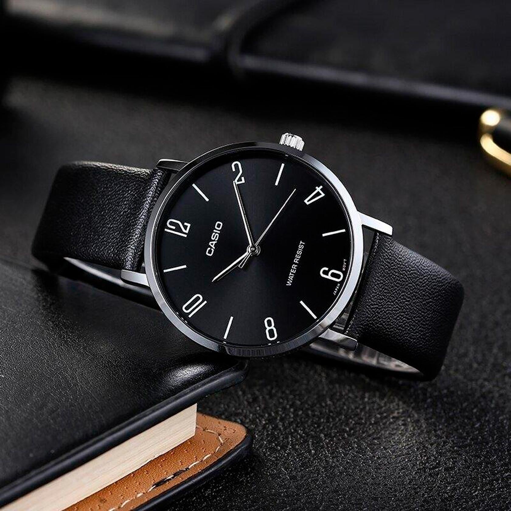 Casio - MTP - VT01L - 1B2UDF Men's Minimalistic Black Dial Black Leather Band Analog Watch - Zamana.pk Main image
