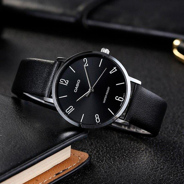 Casio - MTP - VT01L - 1B2UDF Men's Minimalistic Black Dial Black Leather Band Analog Watch - Zamana.pk