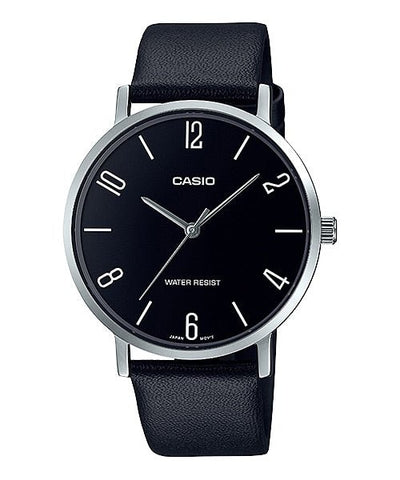 Casio - MTP - VT01L - 1B2UDF Men's Minimalistic Black Dial Black Leather Band Analog Watch - Zamana.pk