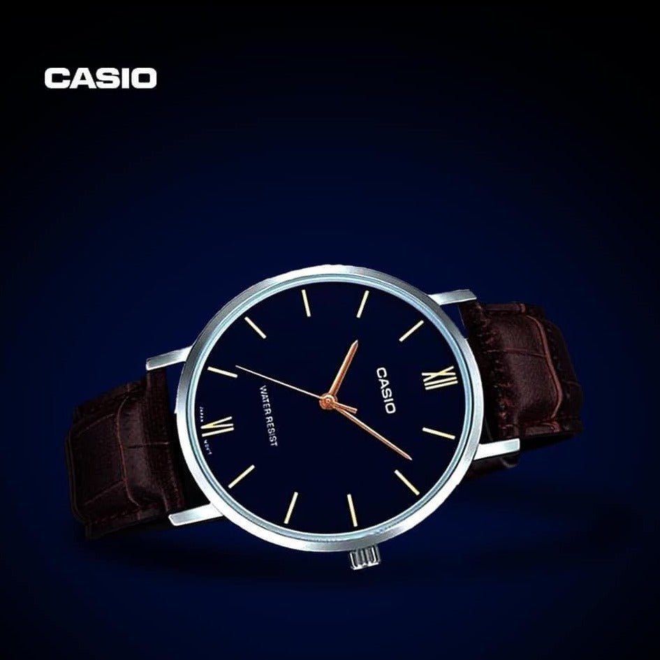 Casio MTP - VT01L - 2BUDF Men's Minimalistic Blue Dial Brown Leather Band Analog Watch - Zamana.pk