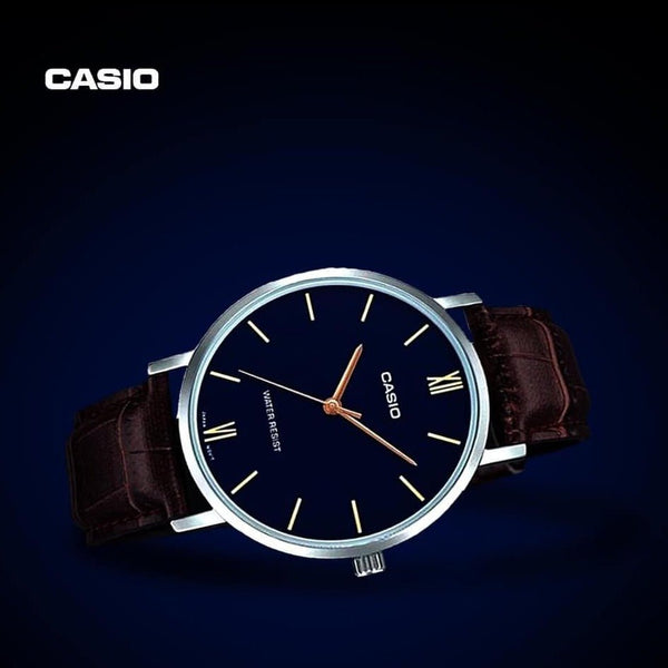 Casio MTP - VT01L - 2BUDF Men's Minimalistic Blue Dial Brown Leather Band Analog Watch - Zamana.pk