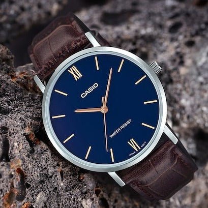Casio MTP - VT01L - 2BUDF Men's Minimalistic Blue Dial Brown Leather Band Analog Watch - Zamana.pk