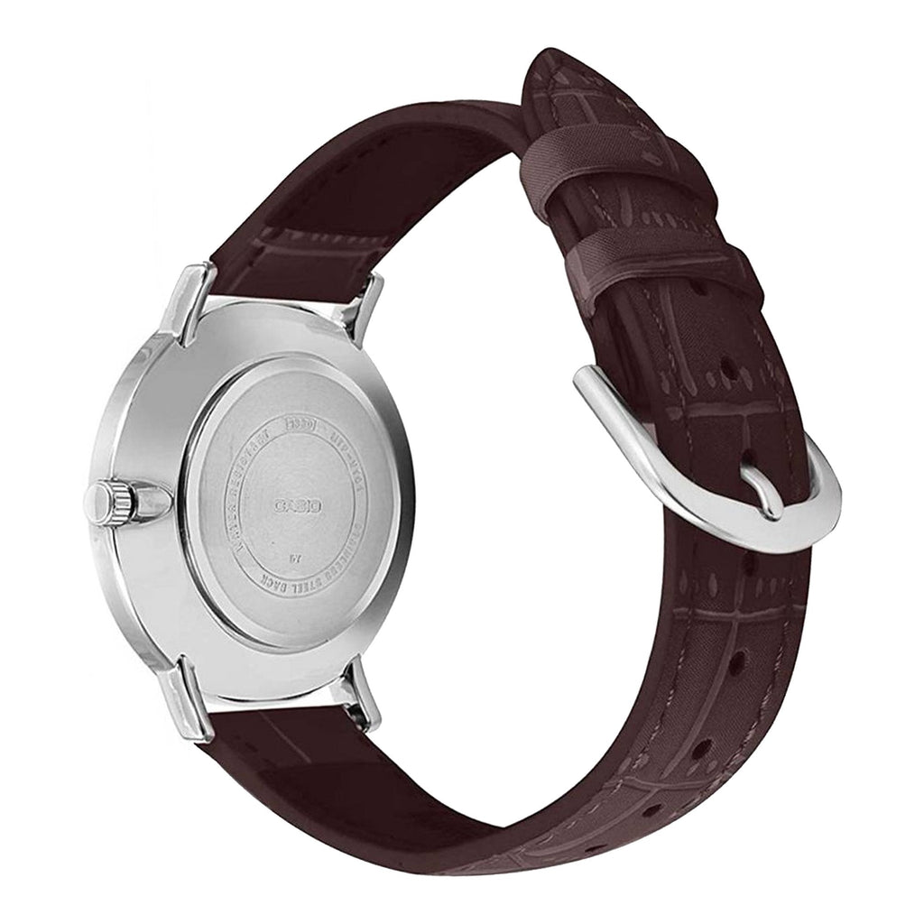 Casio MTP - VT01L - 2BUDF Men's Minimalistic Blue Dial Brown Leather Band Analog Watch - Zamana.pk