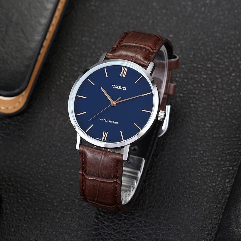 Casio MTP-VT01L-2BUDF Men's Minimalistic Blue Dial Brown Leather Band Analog Watch Secondary image