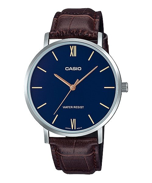 Casio MTP - VT01L - 2BUDF Men's Minimalistic Blue Dial Brown Leather Band Analog Watch - Zamana.pk