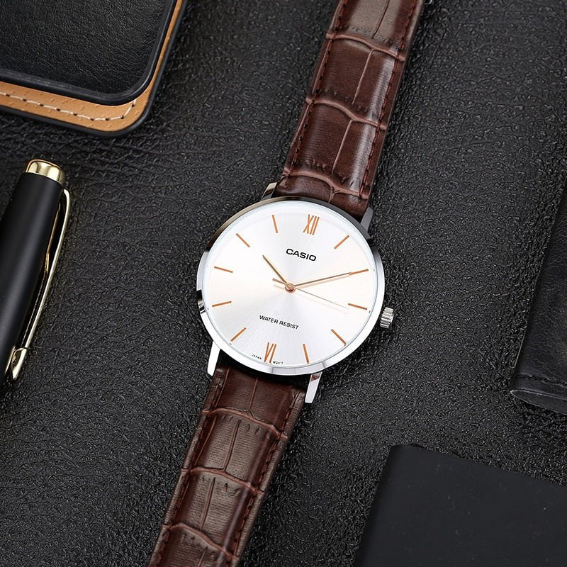 Casio MTP - VT01L - 7B2UDF Men's Minimalistic Silver Dial Brown Leather Band Analog Watch - Zamana.pk Main image