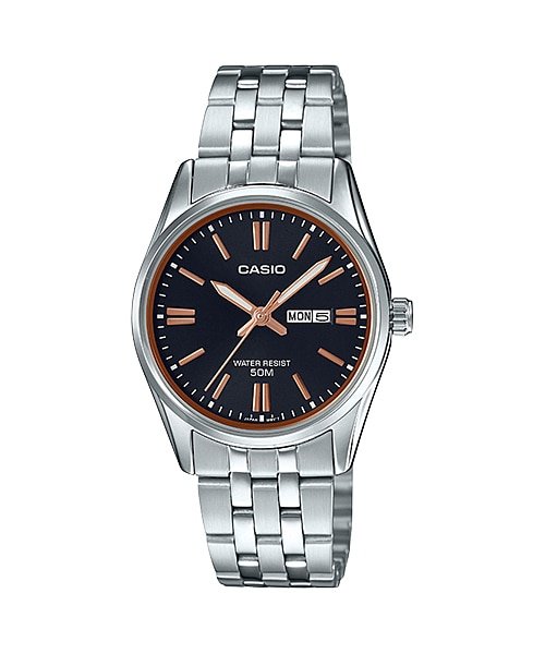 Casio MTP1335D - 1A2V Men's Stainless Steel Black Dial Analog Day Date Dress Watch - Zamana.pk