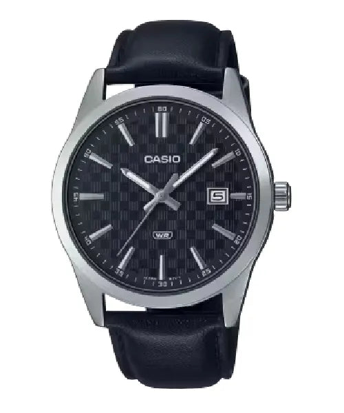 Casio General Men's Watch – MTP-VD03L-1A, sleek black dial with leather strap, analog display, and minimalist design. Main image