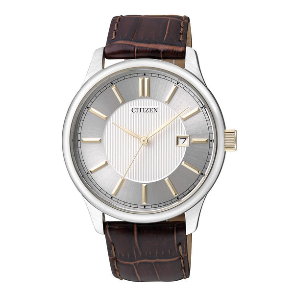 Citizen BI1054-04A men's analog watch with a white dial, silver-tone stainless steel case, brown leather strap, and date display at the 3 o'clock position. - Zamana.pk