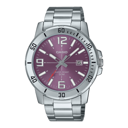 Casio General MTP-VD01D-3E2V wristwatch featuring a silver stainless steel case, a green dial with luminous hands and markers, and a date display, elegantly designed for both casual and formal wear. Main image