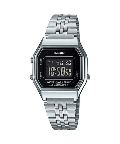 Casio LA680WA-1B vintage digital watch silver stainless steel strap