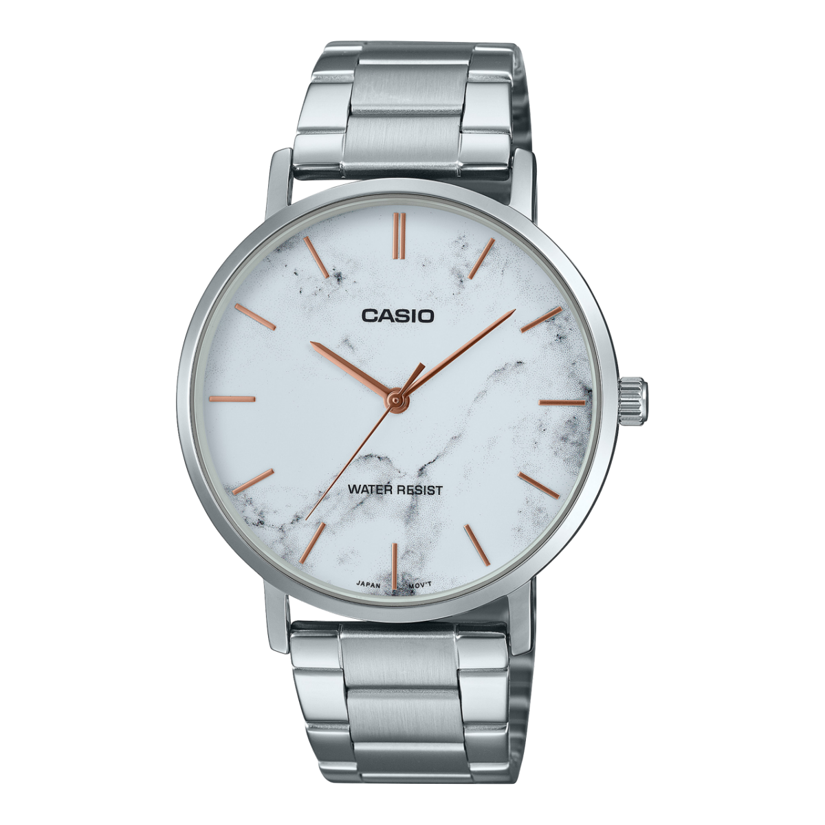 Casio MTP-VT01DM-7A minimalist watch featuring a silver dial and stainless steel mesh bracelet.