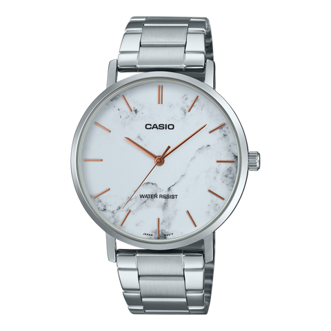Casio MTP-VT01DM-7A minimalist watch featuring a silver dial and stainless steel mesh bracelet.