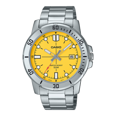 CASIO Men Watch MTP-VD01D-9EV, featuring a sleek silver stainless steel band, a round black dial with silver hour markers, and a date display.