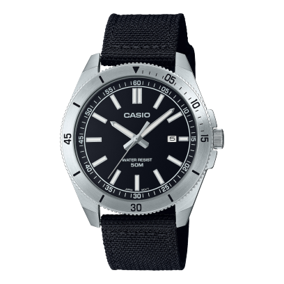 Casio Enticer MTP-B155C-1E Men's Analog Watch with black dial, stainless steel case, and nylon strap. Main image