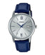 Casio MTP-V002L-2B3UBL analog watch with silver sunburst dial, blue leather strap, Roman numeral markers, and date display