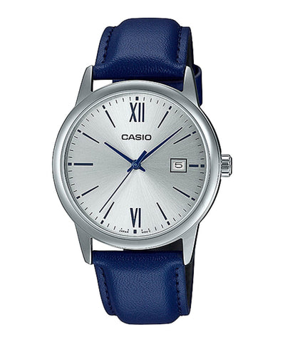 Casio MTP-V002L-2B3UBL analog watch with silver sunburst dial, blue leather strap, Roman numeral markers, and date display
