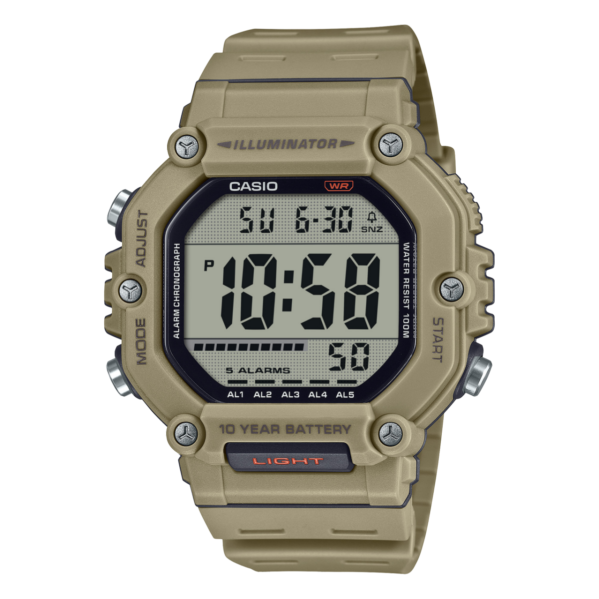 Casio AE-1600H-5A digital sports watch with large display, LED light, black resin strap, and world time feature for outdoor and everyday use. Main image