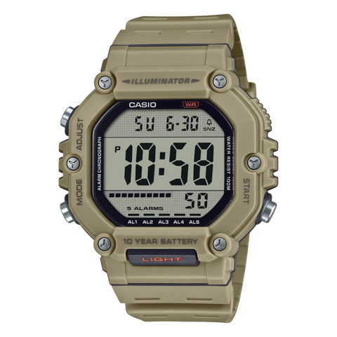 Casio AE-1600H-5A digital sports watch with large display, LED light, black resin strap, and world time feature for outdoor and everyday use.