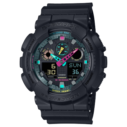 Casio G-Shock GA-100MF-1A digital and analog men's sports watch with black resin band, black dial, and metallic accents