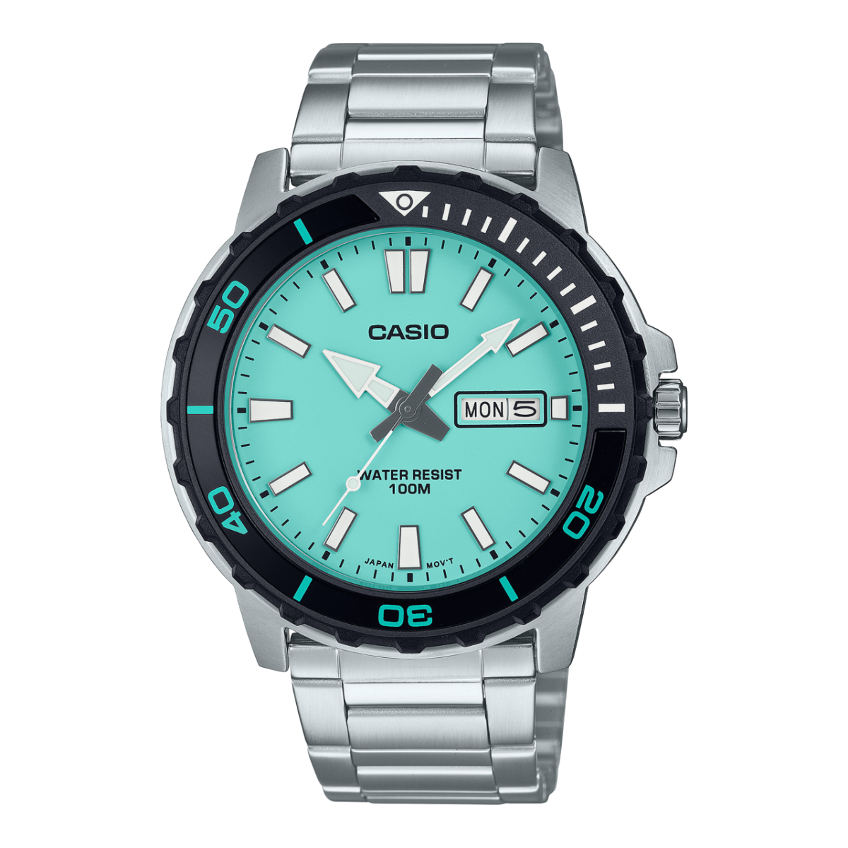 Casio MTD-125D-2A2V watch featuring a turquoise "Tiffany blue" dial, black bezel, and stainless steel bracelet.