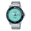 Casio MTD-125D-2A2V watch featuring a turquoise "Tiffany blue" dial, black bezel, and stainless steel bracelet.
