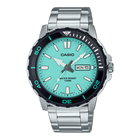 Casio MTD-125D-2A2V watch featuring a turquoise "Tiffany blue" dial, black bezel, and stainless steel bracelet.