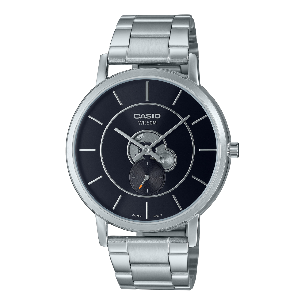 Casio Enticer MTP-B130D-1A men's stainless steel watch with a textured black dial.